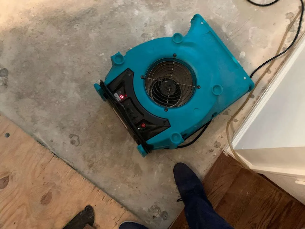 Air mover drying subfloor during Commercial Water Damage Restoration in Fairview Park